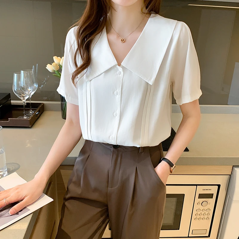Houthion Chiffon Slim Women's Blouses New Casual Blouse Solid Color Buttons Doll Collar Shirt Summer Fashion Short Sleeve Top
Houthion Chiffon Slim Women's Blouses New Casual Blouse Solid Color Buttons Doll Collar Shirt Summer Fashion Short Sleeve Top