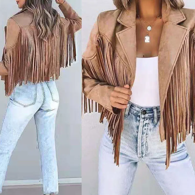 Women's Long Sleeve Printed Tassel Coat Faux Suede Jacket Women's Motorcycle Lapel Jacket Ladies Solid Fringed ShortCoat
Women's Long Sleeve Printed Tassel Coat Faux Suede Jacket Women's Motorcycle Lapel Jacket Ladies Solid Fringed ShortCoat