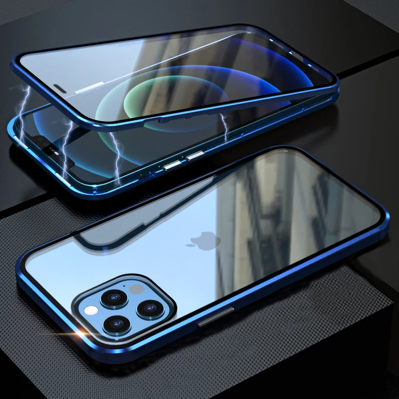 Металлический магнитный чехол для iPhone 12 13 Pro Max Mini прозрачный двухсторонний