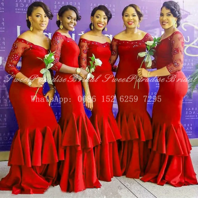 Red Tiered Mermaid Bridesmaid Dresses With 3/4 Long Sleeves Appliques Beads Sheer Off Shoulder Women Maid Of Honor Dress
Red Tiered Mermaid Bridesmaid Dresses With 3/4 Long Sleeves Appliques Beads Sheer Off Shoulder Women Maid Of Honor Dress