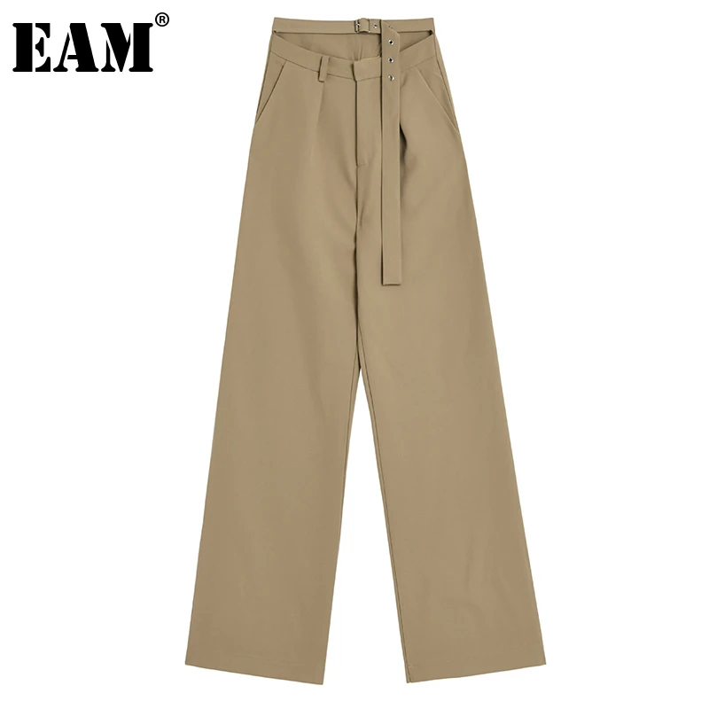 

[EAM] Высокая талия хаки выдалбливают Длинные широкие брюки новые свободные брюки для женщин Мода весна осень 2022 1DE1787