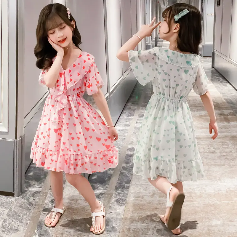 Girls Princess Dress Elegant Children Summer Short-Sleeved Heart Print Pleated Teen Chiffon Dresses 4 To 13Year Old Kids Clothes
Girls Princess Dress Elegant Children Summer Short-Sleeved Heart Print Pleated Teen Chiffon Dresses 4 To 13Year Old Kids Clothes