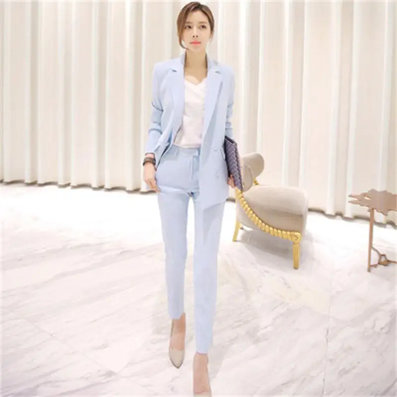 Fashion pants suit female spring fall New high quality British style sky blue Casual Business suit + pant two-piece suit women
Fashion pants suit female spring fall New high quality British style sky blue Casual Business suit + pant two-piece suit women