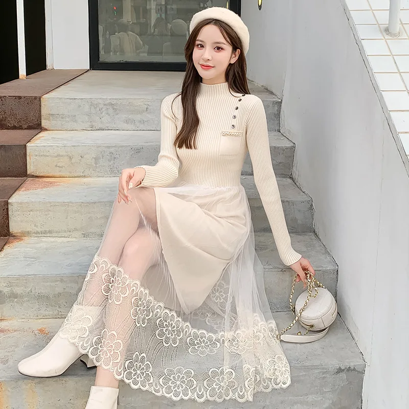 Winter Spring Sweater Dress Knit Long Pullover Lace Patchwork Long Sleeve Bottom Dress Slim Fitted High Waist Turtleneck Korean
Winter Spring Sweater Dress Knit Long Pullover Lace Patchwork Long Sleeve Bottom Dress Slim Fitted High Waist Turtleneck Korean