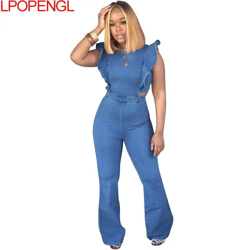 Spring Backless Sleeveless Ruffled Blue 2021 New Denim Overalls Jumpsuit Rompers Ladies Flared Pants Casual Streetwear Women
Spring Backless Sleeveless Ruffled Blue 2021 New Denim Overalls Jumpsuit Rompers Ladies Flared Pants Casual Streetwear Women
