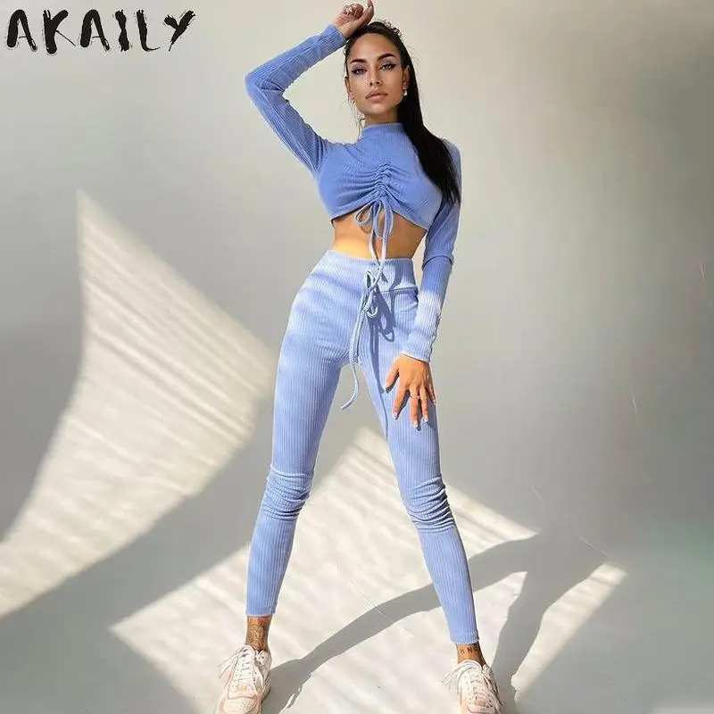 

Akaily Autumn Sport 2 Two Piece Sets Tracksuit Womens Outfits Black Sweatsuit Matching Sets Drawstring Crop Top Pants Sets Suits