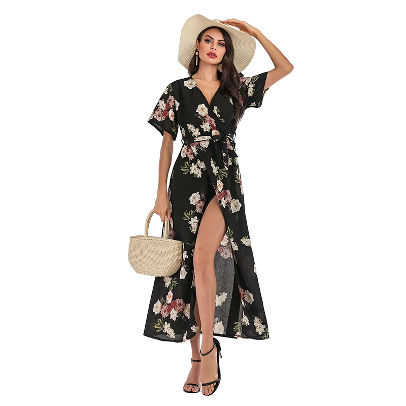 Summer Fashion Black Floral Print Women Chiffon Dress V Neck Short Sleeve Beach Party Dress Sexy Strappy Boho Maxi Dresses 2021
Summer Fashion Black Floral Print Women Chiffon Dress V Neck Short Sleeve Beach Party Dress Sexy Strappy Boho Maxi Dresses 2021