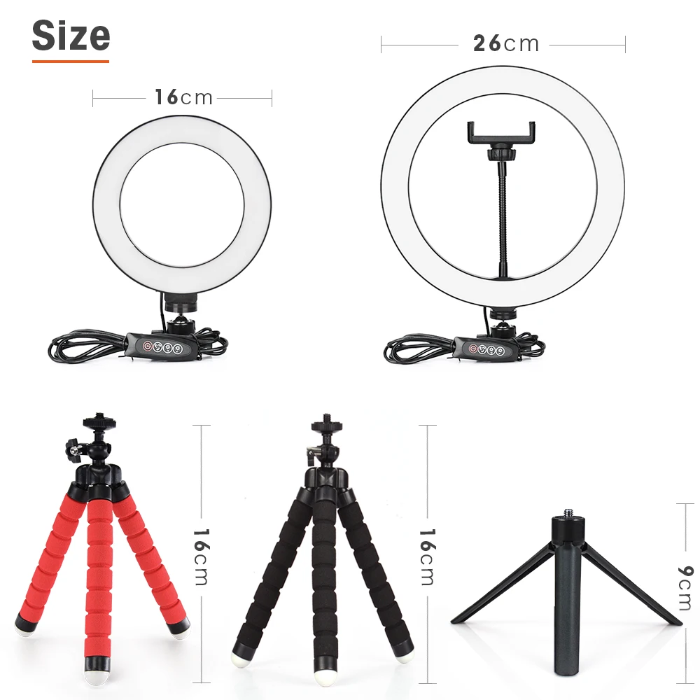 16/26cm Photography Light LED Selfie Flash RingLight Desktop Dimmable Camera Phone Ring Lamp For Makeup Video Live Photo Studio 
16/26cm Photography Light LED Selfie Flash RingLight Desktop Dimmable Camera Phone Ring Lamp For Makeup Video Live Photo Studio