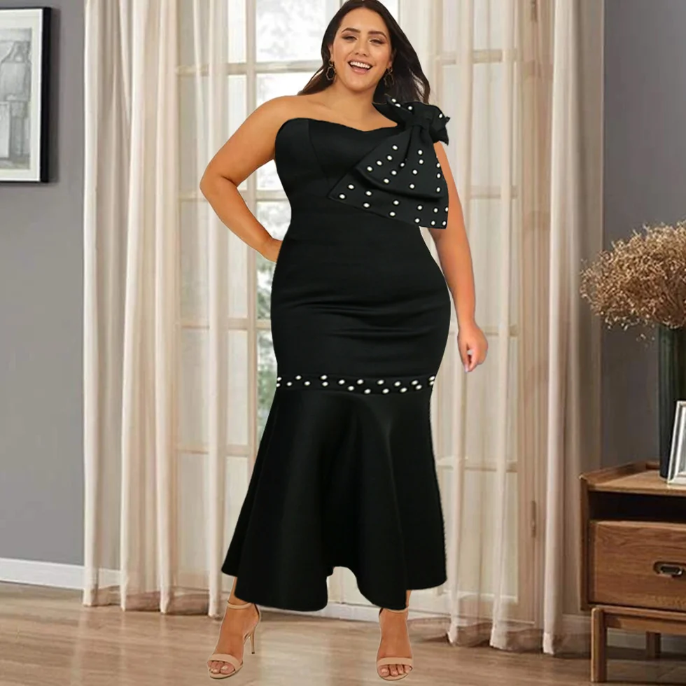 

Plus Size 4XL Party Dresses Women Sexy Strapless Mermaid Midi Cocktail Evening Party Event Occasion Robes with Bowtie Beading