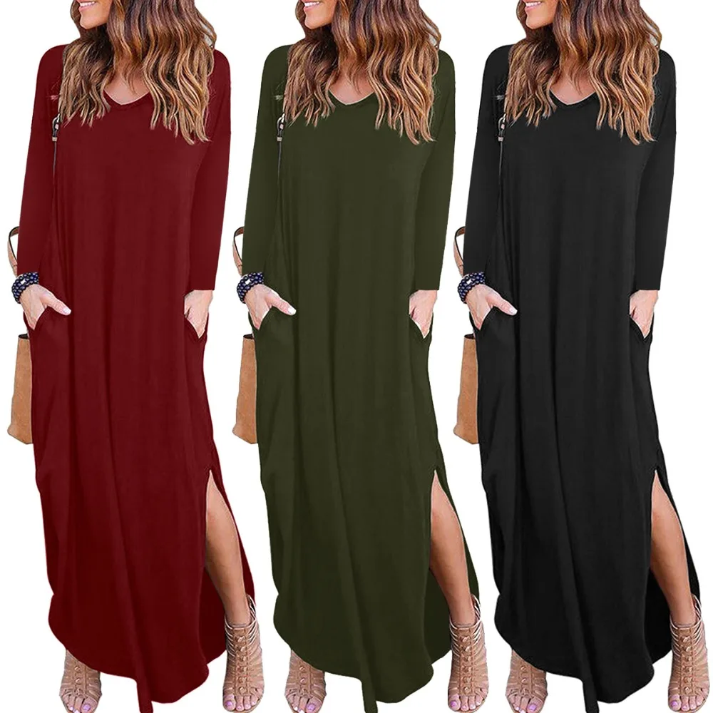 Women V-Neck Solid Asymmetrical Dress Autumn Winter Loose Pockets Long Party Dress Casual Long Sleeve Split Maxi Dresses
Women V-Neck Solid Asymmetrical Dress Autumn Winter Loose Pockets Long Party Dress Casual Long Sleeve Split Maxi Dresses