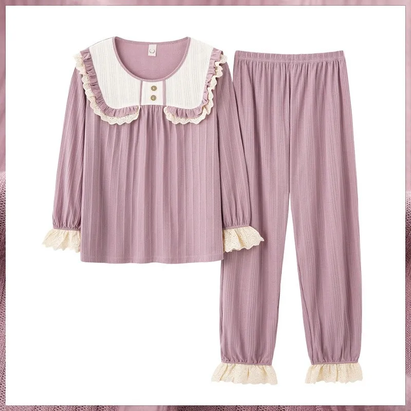 Cotton O-Neck Top&Pant 2PCS Pajamas Suit M-3XL Women's Loose Nightwear Spring Autumn New Homewear Sweet Lace Ruffles Sleepwear
Cotton O-Neck Top&Pant 2PCS Pajamas Suit M-3XL Women's Loose Nightwear Spring Autumn New Homewear Sweet Lace Ruffles Sleepwear