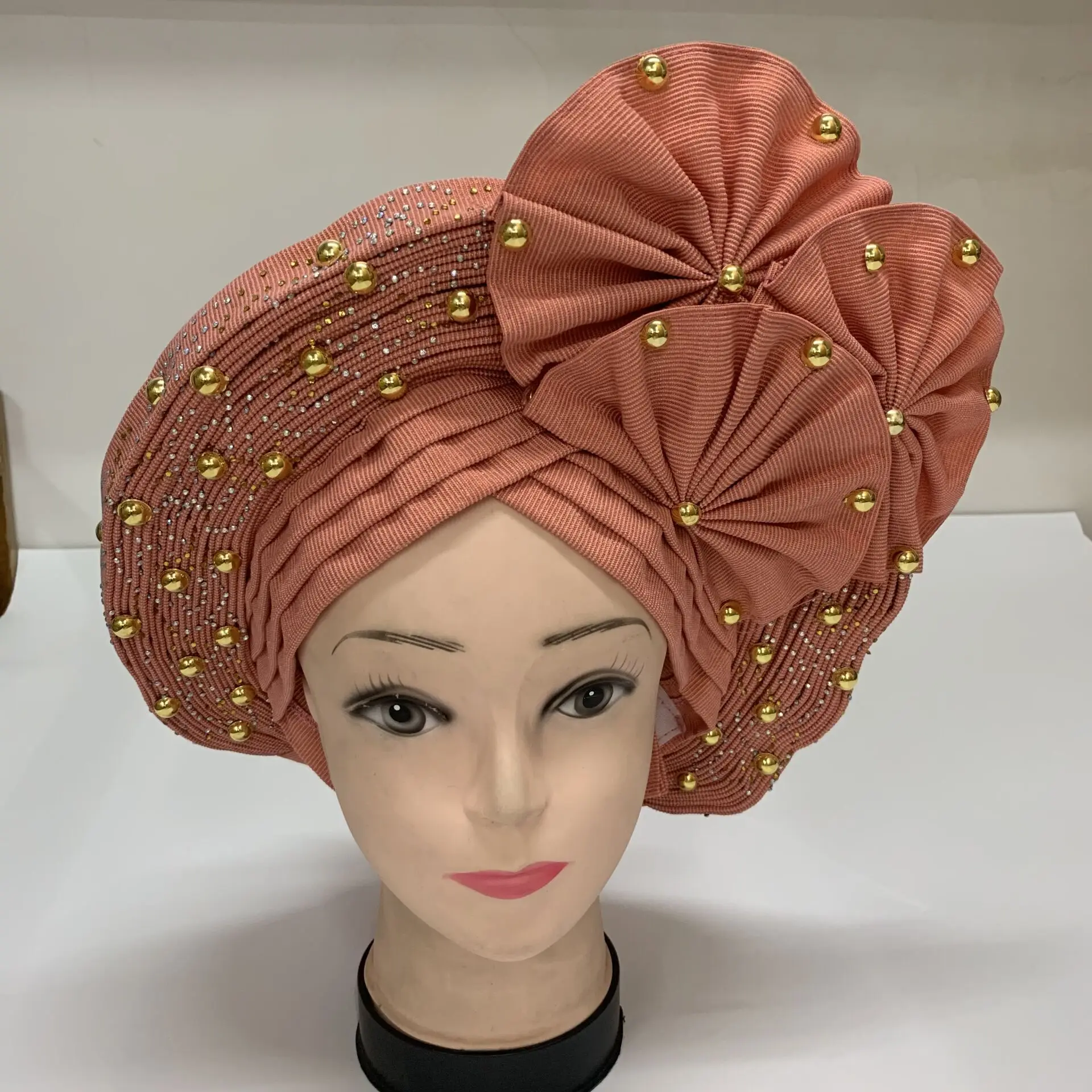 Новый стиль нигерийский желтый тюрбан Gele Headtie Aso Oke уже изготовленный Auto Ebi