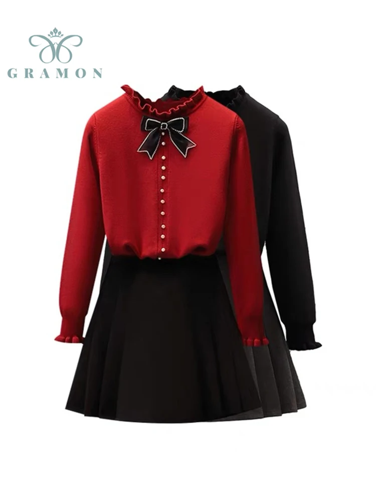 Plus Size Skirt Suit Fashion Ladies 2 Piece Set Long Sleeve Button Bow Knitted Sweater And Solid Pleated Skirt Woman Spring Fall
Plus Size Skirt Suit Fashion Ladies 2 Piece Set Long Sleeve Button Bow Knitted Sweater And Solid Pleated Skirt Woman Spring Fall