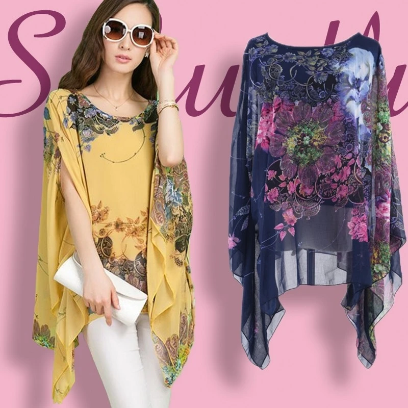 Printing Chiffon floral Batwing tee Women Casual plus size loose Batwing Sleeve T-shirt 2021 new Summer rregular Slim Cape tops 
Printing Chiffon floral Batwing tee Women Casual plus size loose Batwing Sleeve T-shirt 2021 new Summer rregular Slim Cape tops