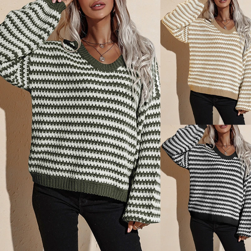 women's Casual Striped Sweaters Pullover Autumn And Winter Warm Women Pullover Knit Sexy Long-Sleeved V-Neck Tops Solid Color
women's Casual Striped Sweaters Pullover Autumn And Winter Warm Women Pullover Knit Sexy Long-Sleeved V-Neck Tops Solid Color