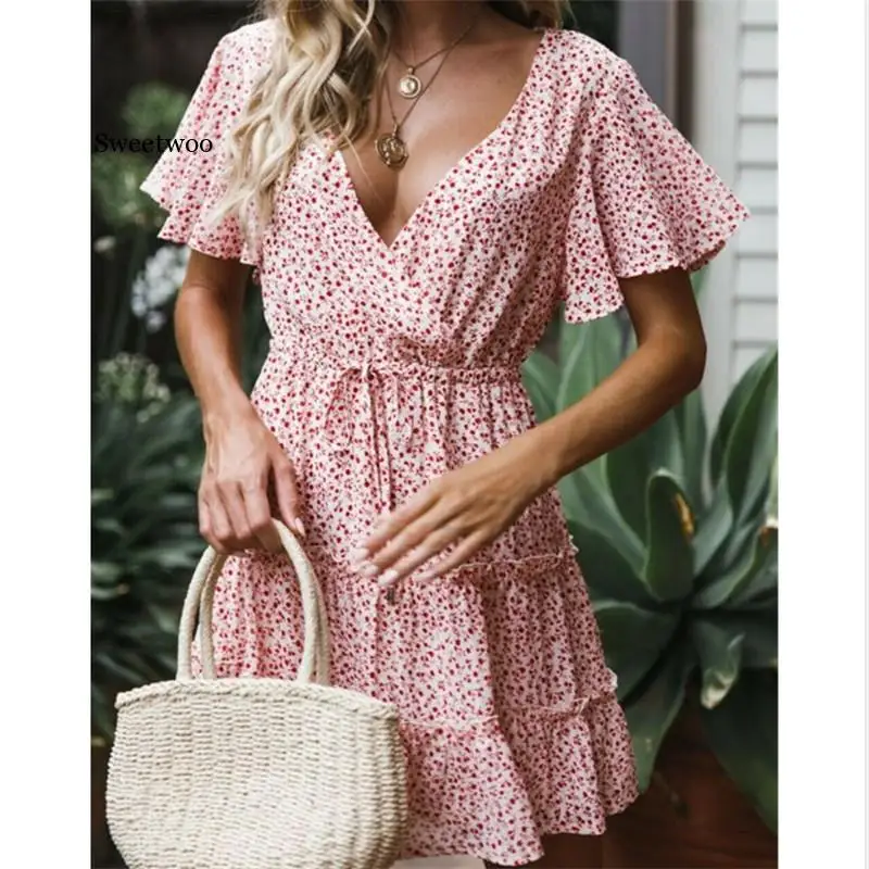 Women Elegaht Floral Dress Summer Ladies Boho Beach Sundress Holiday Flare Sleeve V-neck Mini Dress High Waist Lace-up Dresses
Women Elegaht Floral Dress Summer Ladies Boho Beach Sundress Holiday Flare Sleeve V-neck Mini Dress High Waist Lace-up Dresses