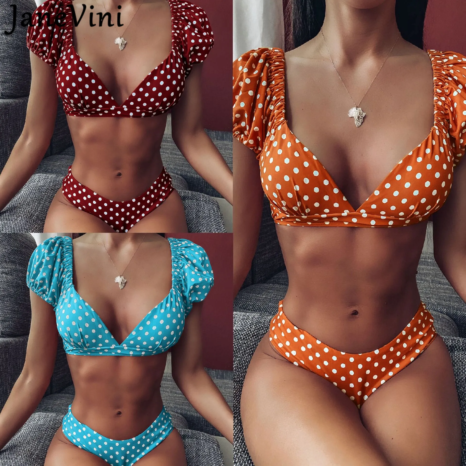 

JaneVini Fashion Sexy Dot Bathing Suits Bikini Underwear Women Set String Femme Puff Sleeve Beachwear Female Swimwears Swimsuits