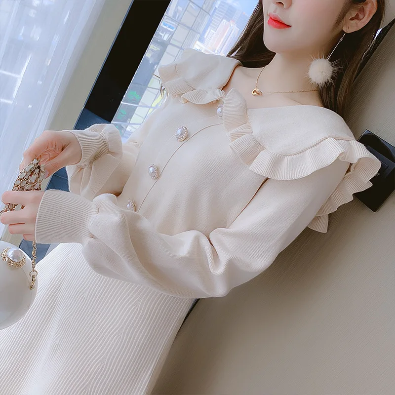 2021 Autumn Winter Knitted Dress Women's Lapel Long Sleeve Knee Length Slim Fit Age Reduction Off White Sweater A-line Skirt
2021 Autumn Winter Knitted Dress Women's Lapel Long Sleeve Knee Length Slim Fit Age Reduction Off White Sweater A-line Skirt