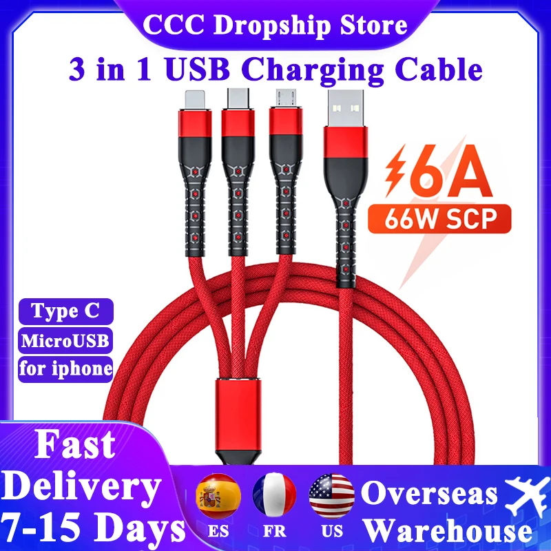 3 In 1 6A USB Cable For IPhone Fast Charger Cable Current Data Charging For Android Phone Type C Xiaomi Huawei Samsung Chargers
3 In 1 6A USB Cable For IPhone Fast Charger Cable Current Data Charging For Android Phone Type C Xiaomi Huawei Samsung Chargers