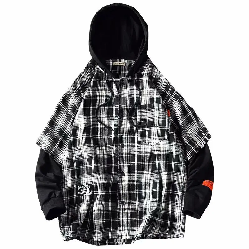 Spring Autumn Men's Hooded Collar Plaid Stitching Sweatshirt Men Japanese Tide Drawstring Loose Casual Hoodies Men Clothing 2022 
Spring Autumn Men's Hooded Collar Plaid Stitching Sweatshirt Men Japanese Tide Drawstring Loose Casual Hoodies Men Clothing 2022