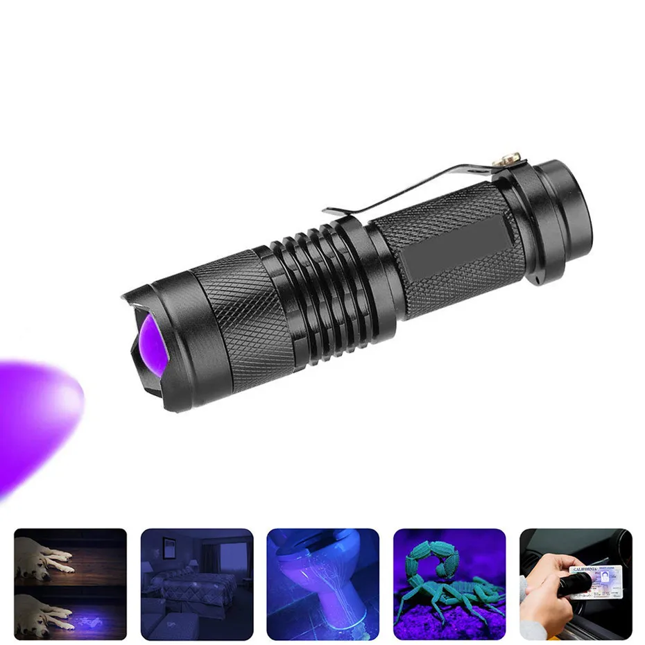 Zoom Mini UV Flashlight Torch 3 Modes Ultraviolet LED Flashlight for Pets Urine Stains Detector Scorpions Use AA/14500 battery
Zoom Mini UV Flashlight Torch 3 Modes Ultraviolet LED Flashlight for Pets Urine Stains Detector Scorpions Use AA/14500 battery