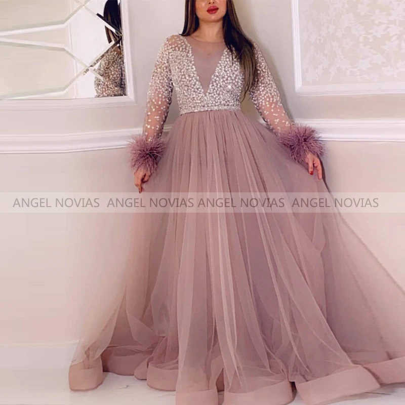 ANGEL NOVIAS Long Sleeves Arabic Evening Dresses 2021 with Feather Beaded A Line Prom Gowns vestido de noiva
ANGEL NOVIAS Long Sleeves Arabic Evening Dresses 2021 with Feather Beaded A Line Prom Gowns vestido de noiva