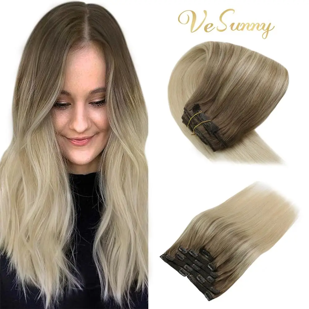 VeSunny Double Weft Clip in Hair Extensions 100% Real Human Hair 7pcs 120gr Clip on Hair Balayage Light Brown with Blonde #8A/60
VeSunny Double Weft Clip in Hair Extensions 100% Real Human Hair 7pcs 120gr Clip on Hair Balayage Light Brown with Blonde #8A/60