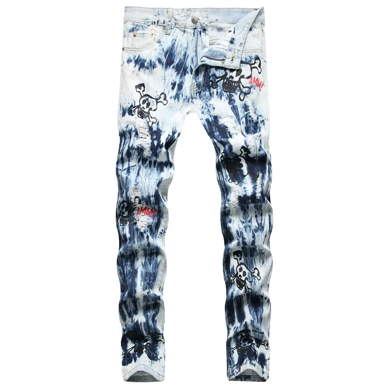 Men's Tie Dye Ripped Jeans Pants With Skull Pattern Fashion Hi Street Destroyed Denim Trousers Washed Blue Streetwear Jeans
Men's Tie Dye Ripped Jeans Pants With Skull Pattern Fashion Hi Street Destroyed Denim Trousers Washed Blue Streetwear Jeans