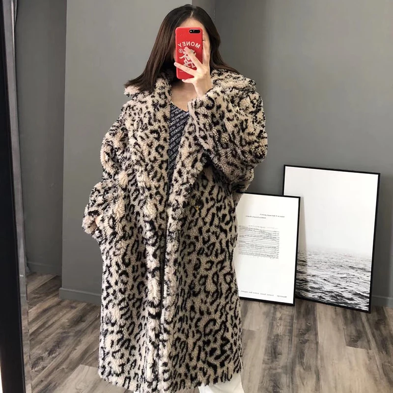 

Пальто из натуральной овечки, женская одежда, зимняя Корейская куртка, плюс размер, плюшевый Леопардовый принт, пальто из меха ягненка