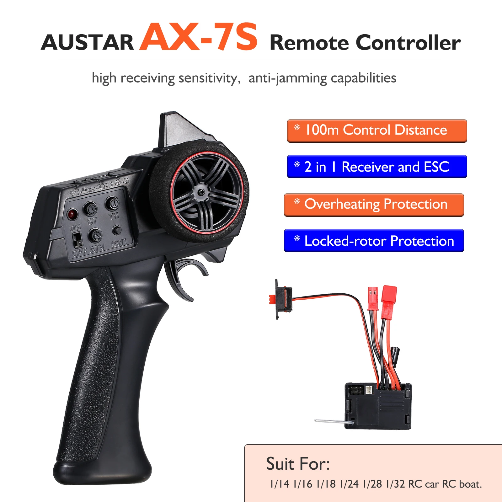AUSTAR AX-7S 2.4G 3CH Transmitter Remote Controller with 2 in 1 Receiver ESC for 1/14 1/16 1/18 1/24 1/28 1/32 RC Car RC Boat
AUSTAR AX-7S 2.4G 3CH Transmitter Remote Controller with 2 in 1 Receiver ESC for 1/14 1/16 1/18 1/24 1/28 1/32 RC Car RC Boat