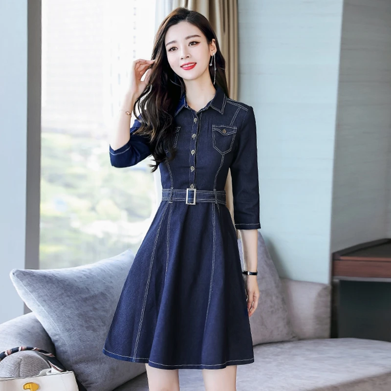 Vintage Denim Dress Women Spring Autumn Fashion Belt Tunic Denim Dress Ladies Buttons Pocket Work Knee-Length Dress Midi
Vintage Denim Dress Women Spring Autumn Fashion Belt Tunic Denim Dress Ladies Buttons Pocket Work Knee-Length Dress Midi