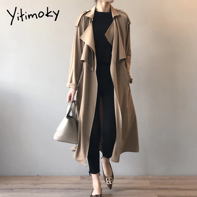 

Yitimoky женский длинный Тренч с поясом пальто Весна Корейский простой классический женский ветровка черный хаки отложной воротник одежда