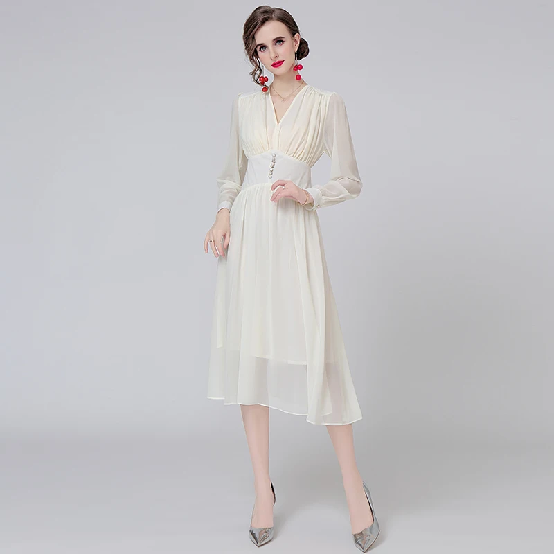 Autumn And Winter New Adult Lady Like Woman Style Beige V-Neck Dress Women's Long Sleeve Chiffon Waist-Tight A- Line Dress Ins
Autumn And Winter New Adult Lady Like Woman Style Beige V-Neck Dress Women's Long Sleeve Chiffon Waist-Tight A- Line Dress Ins