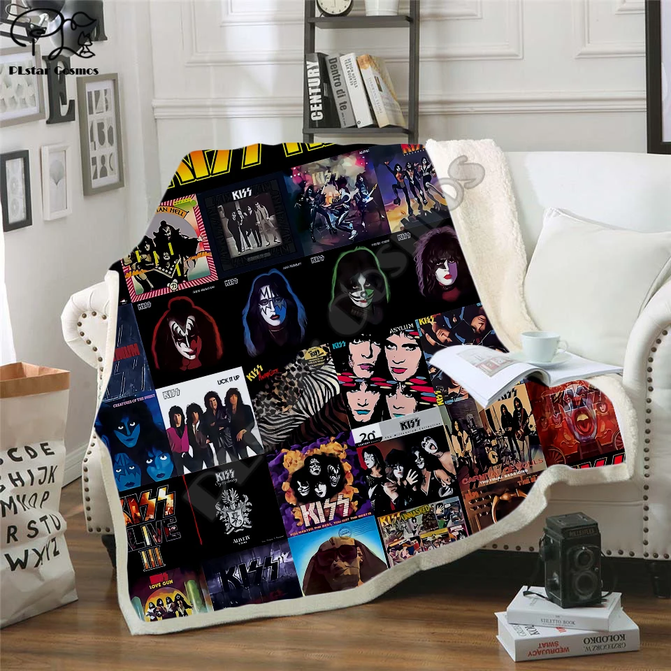 Плед для вечерние НКИ Plstar Cosmos Band KISS Rock & Roll All Nite с 3D рисунком шерпа на кровати