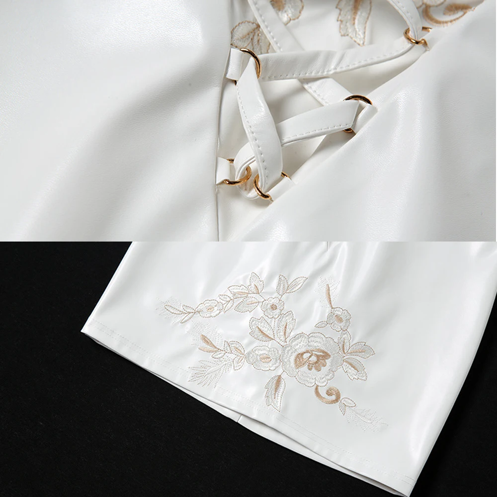 Women Sexy Slim Bodycon Floral Embroidery Short Skirts High Waist PU Leather Office Ladies Elegant Bandage White Skirt 
Women Sexy Slim Bodycon Floral Embroidery Short Skirts High Waist PU Leather Office Ladies Elegant Bandage White Skirt