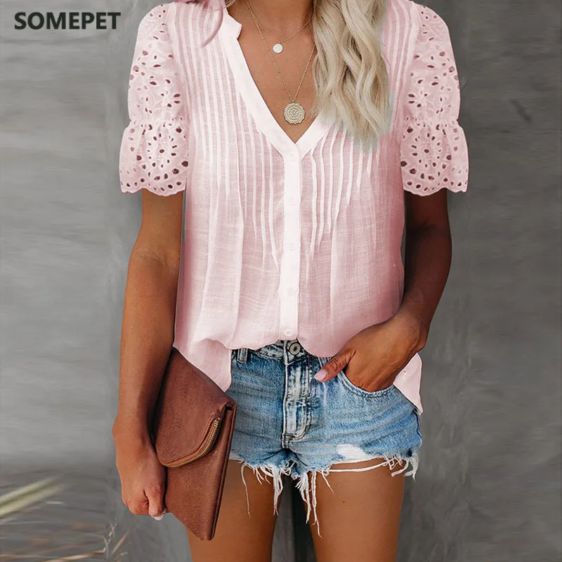 Summer Solid Color V-neck Pleated Lace Stitching Short-sleeved Shirt Casual Elegant Chiffon Shirt 6 Colors Plus Size 
Summer Solid Color V-neck Pleated Lace Stitching Short-sleeved Shirt Casual Elegant Chiffon Shirt 6 Colors Plus Size