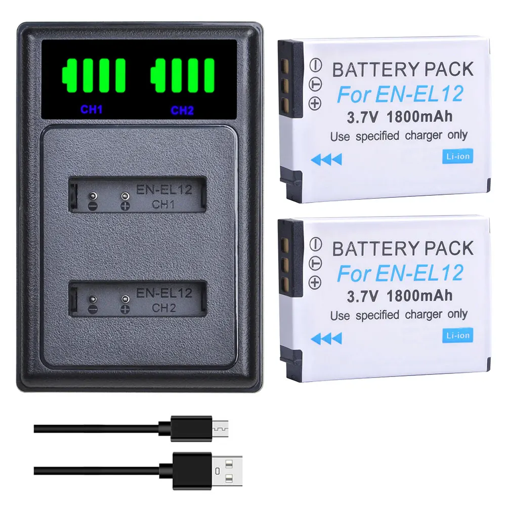 

2Pc EN-EL12 EN EL12 Battery Bateria for Nikon Coolpix S9700 S9500 S9400 S9300 S9100 + LED USB Dual Charger with Type C Port