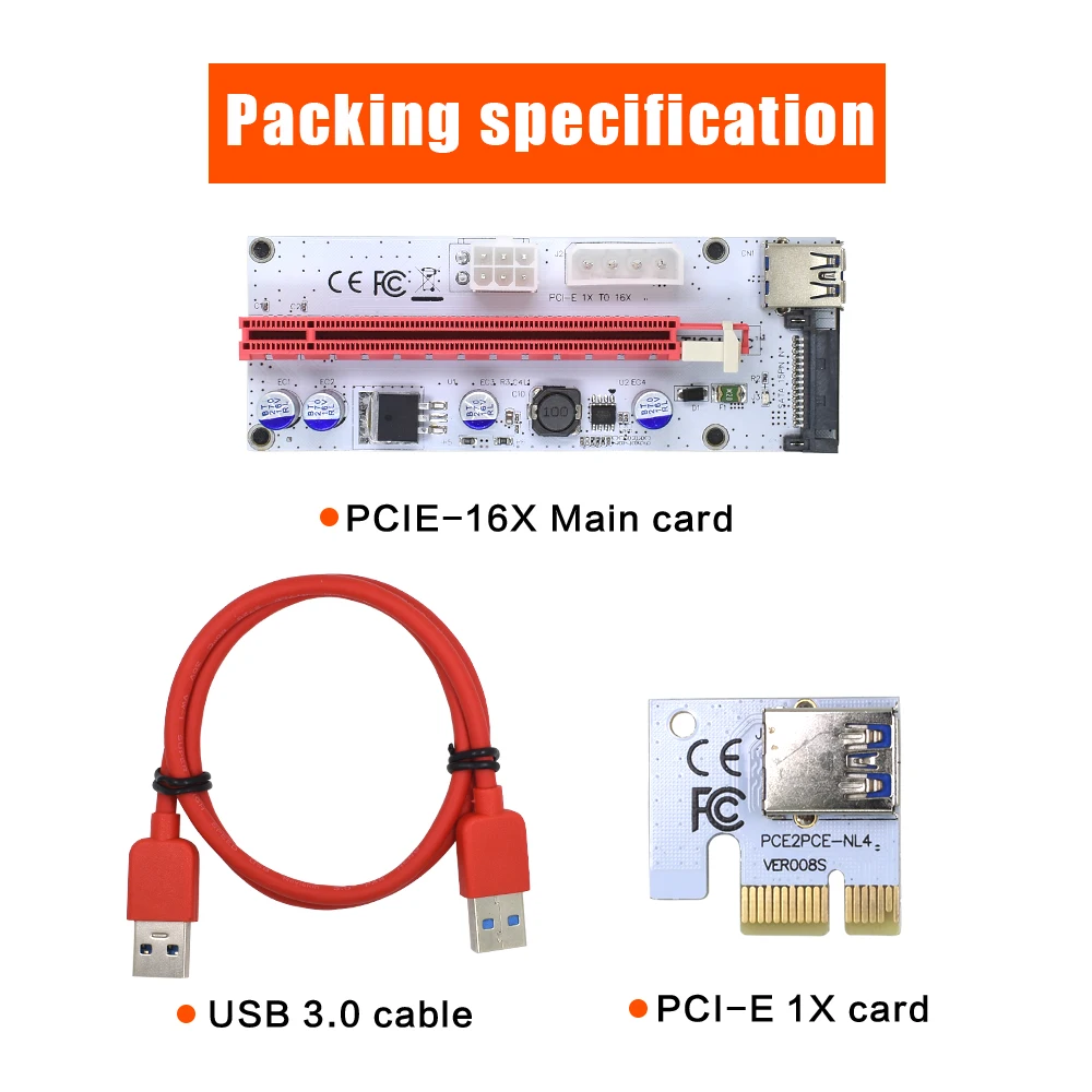 

008S Molex 4PIN 15PIN SATA 6PIN 3 in 1 PCIE PCI Express Riser Card 1X to 16X PCI-E Extender Bitcoin Mining Miner