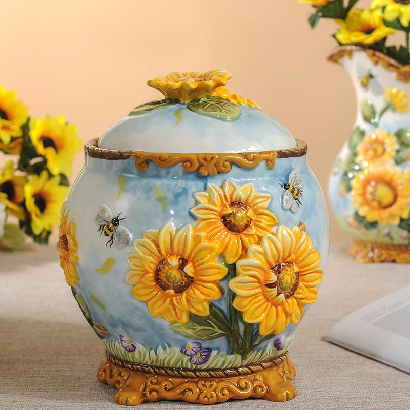 Creative Sculpture Ceramic Sunflower Candy Storage Jar Home Decor Wedding Decoration Dried Fruit Jar Kitchen Food Container Gift
Creative Sculpture Ceramic Sunflower Candy Storage Jar Home Decor Wedding Decoration Dried Fruit Jar Kitchen Food Container Gift