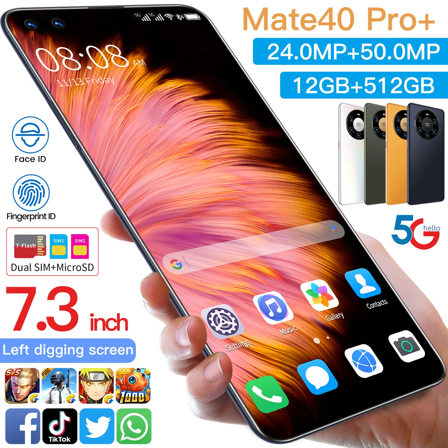 Hot Sale Mate40 Pro Global Version Smartphone 7.3 Inch 10 Core 12GB 512GB 24MP 50MP 6000MAH Face ID Cell Phones Snapdragon 888
Hot Sale Mate40 Pro Global Version Smartphone 7.3 Inch 10 Core 12GB 512GB 24MP 50MP 6000MAH Face ID Cell Phones Snapdragon 888