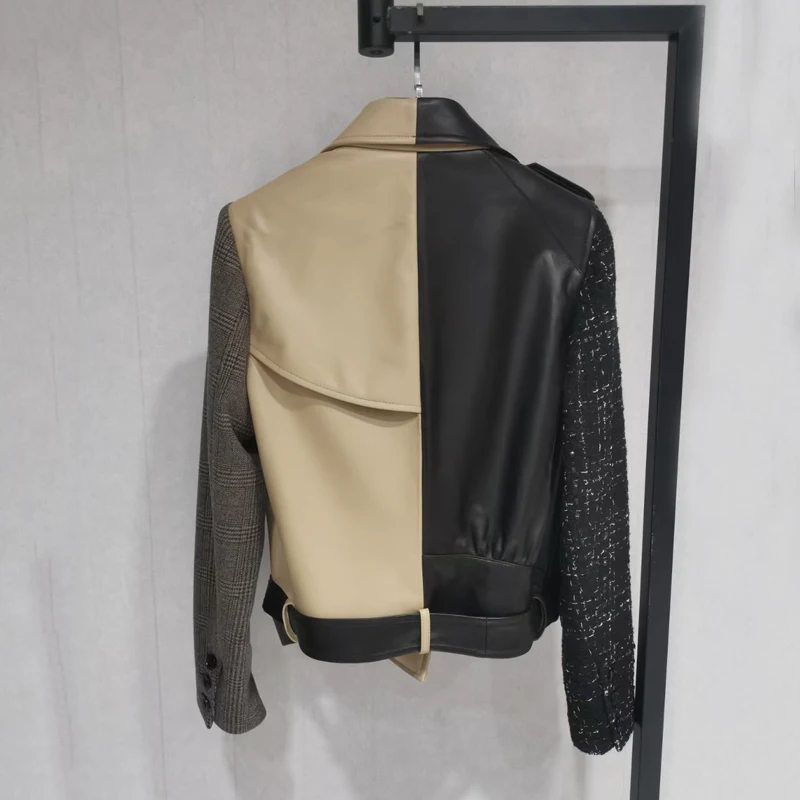 Spring Clothes Women Short Length Genuine Leather Jacket Turn-Down Collar Multicolor Splicing Locomotive Flax Material Sleeve | Женская