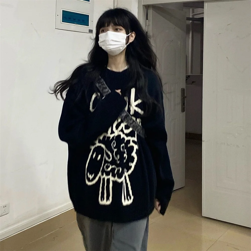 Black Kawaii Cartoon Sheep Autumn Knitted Female Pullovers Sweater Full Sleeves Streetwear O-Neck Fashion Women Warm Soft Tops
Black Kawaii Cartoon Sheep Autumn Knitted Female Pullovers Sweater Full Sleeves Streetwear O-Neck Fashion Women Warm Soft Tops