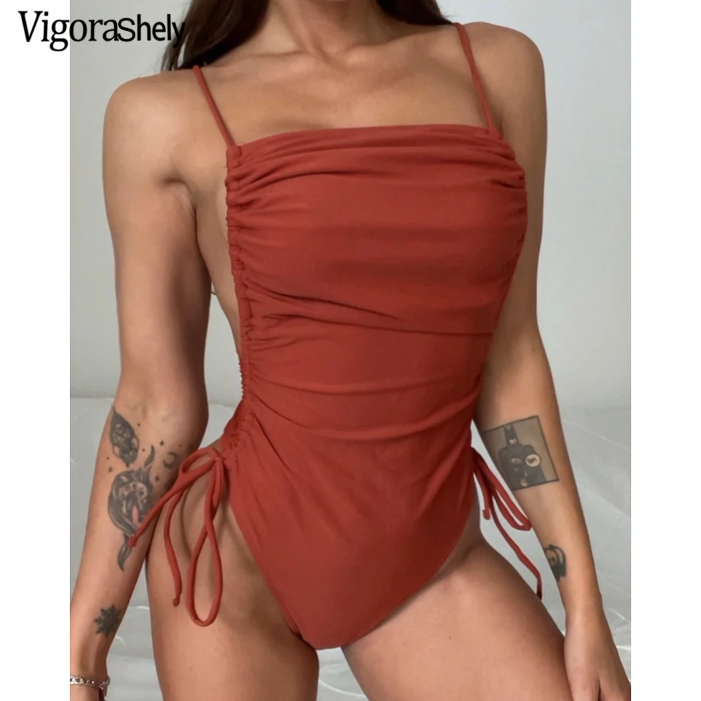 

Vigorashely Bandeau One Piece Swimsuit Women Swimwear 2021 Sexy Ruched Monokini High Cut Bodysuit Solid High Wiast Bathing Suit