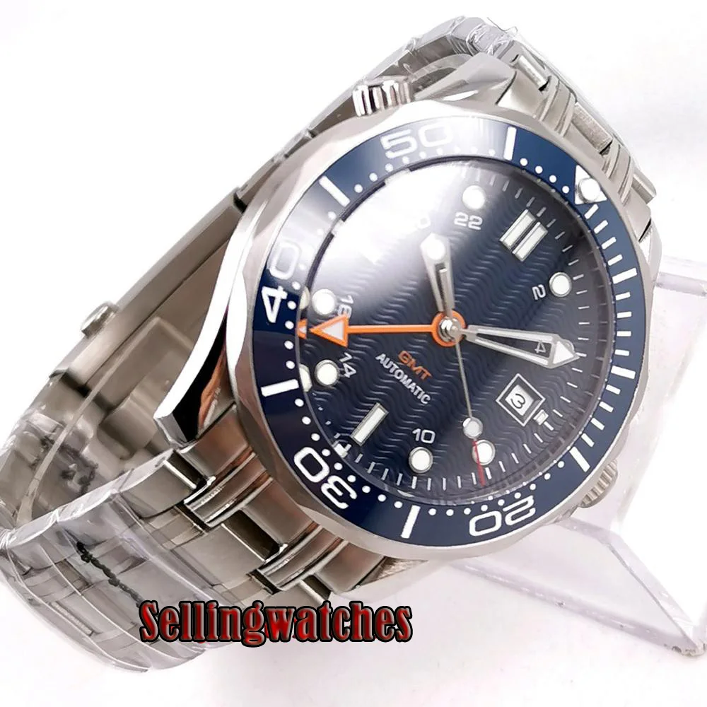 41mm bliger blue sterile dial Sapphire glass Ceramic bezel GMT stainless steel automatic mens watch B296 
41mm bliger blue sterile dial Sapphire glass Ceramic bezel GMT stainless steel automatic mens watch B296