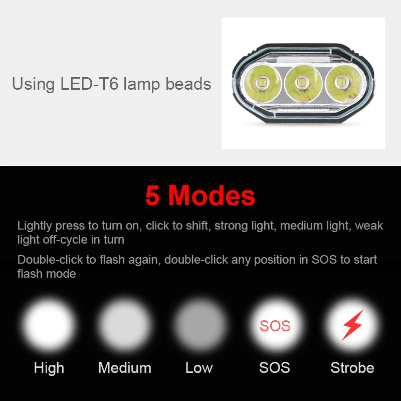 Waterproof 3*T6 USB Rechargeable 1200lm Bicycle Front Headlight Bike Flashlight Night Riding Headlamp with 5200mAh Battery
Waterproof 3*T6 USB Rechargeable 1200lm Bicycle Front Headlight Bike Flashlight Night Riding Headlamp with 5200mAh Battery