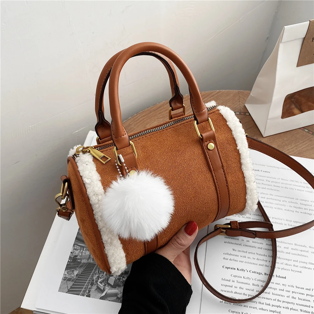 

Vintage Suede Boston Double Handle Tote Bags For Women Luxury Brand Pompon Plush Trimmed Small Shoulder Crossbody Bag 2022 Trend