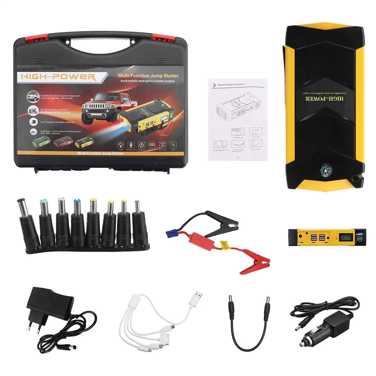82800mAh 12V 600A USB High Capacity Car Jump Starter LED Light Mutifuction Portable Car Battery Booster Charger Power Bank
82800mAh 12V 600A USB High Capacity Car Jump Starter LED Light Mutifuction Portable Car Battery Booster Charger Power Bank