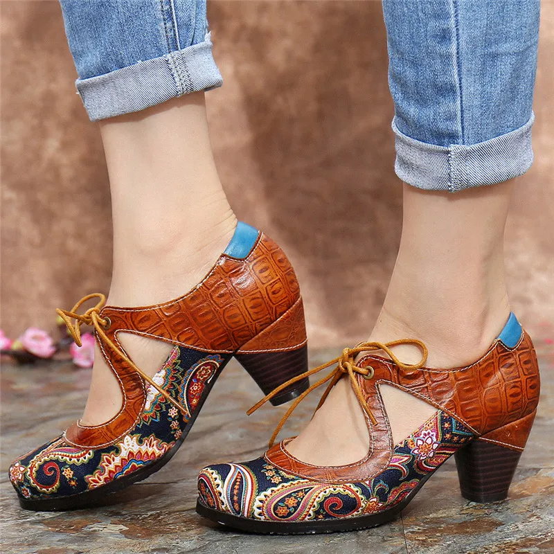 SOCOFY Womens Vintage Style Leather Pumps Lace up Splicing Hollow Block Heel Pumps Casual Outdoor Party Shoes Botas Mujer 2020
SOCOFY Womens Vintage Style Leather Pumps Lace up Splicing Hollow Block Heel Pumps Casual Outdoor Party Shoes Botas Mujer 2020