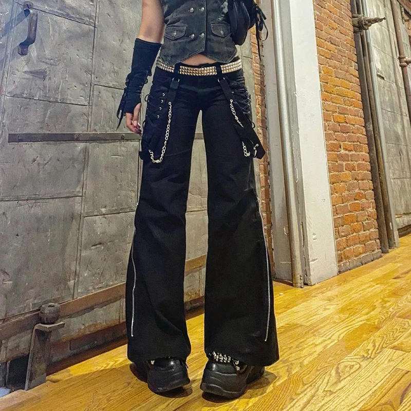 Cross Tie Up Low Waist Punk Style Wide Leg Pants Black Goth E Girl Streetwear Cargo Pants Women Dark Academic Techwear
Cross Tie Up Low Waist Punk Style Wide Leg Pants Black Goth E Girl Streetwear Cargo Pants Women Dark Academic Techwear