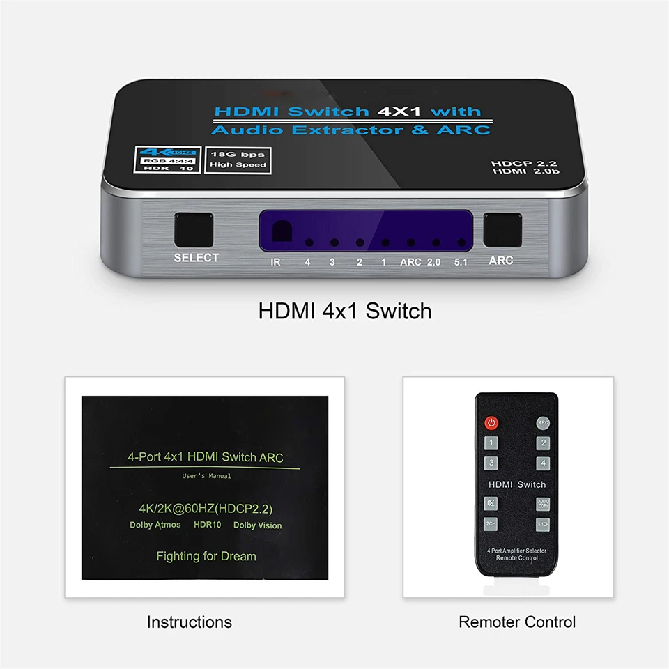 4K HDMI Коммутатор 2 0 Переключатель аудио экстрактор HDR ARC сплиттер 4X1 с пультом